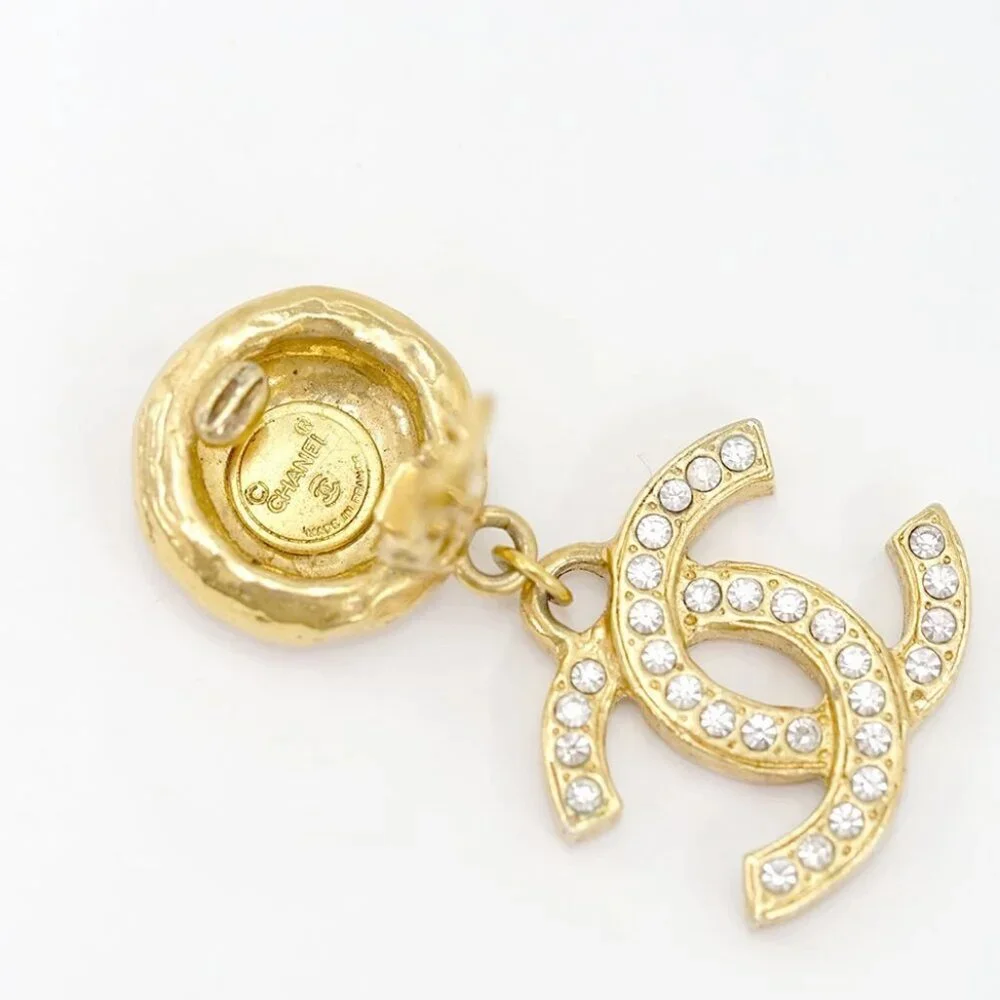 CHANEL CC Logos Rhinestone Round Drop Earrings Gold Tone Auth w/Box #22400 - Picture 5 of 6